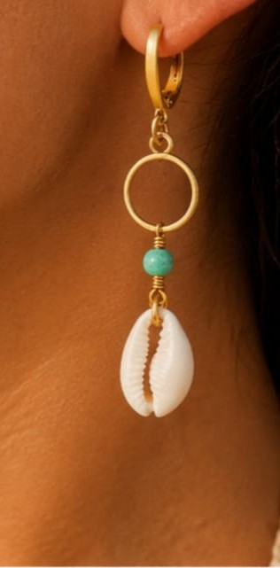 Coral Bead Hoop Earrings worn on model